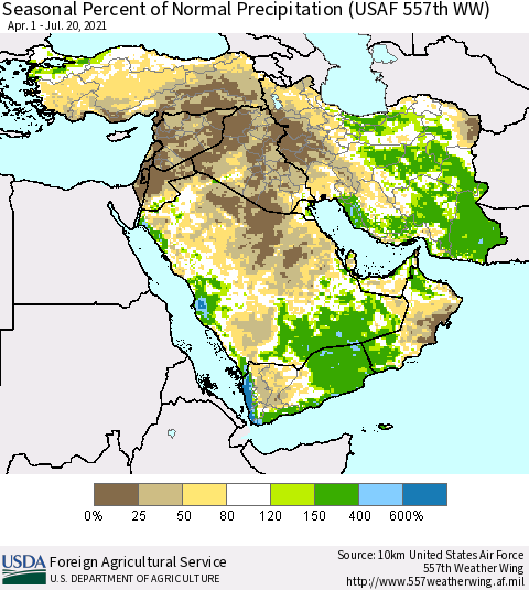 Middle East and Turkey Seasonal Percent of Normal Precipitation (USAF 557th WW) Thematic Map For 4/1/2021 - 7/20/2021