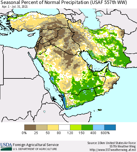 Middle East and Turkey Seasonal Percent of Normal Precipitation (USAF 557th WW) Thematic Map For 4/1/2021 - 7/31/2021