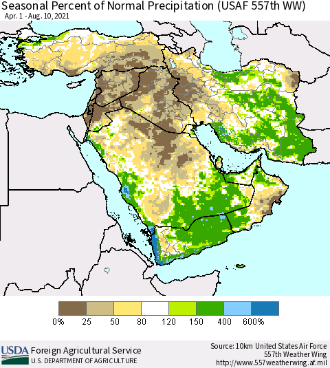 Middle East and Turkey Seasonal Percent of Normal Precipitation (USAF 557th WW) Thematic Map For 4/1/2021 - 8/10/2021