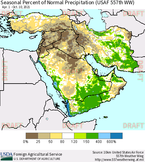 Middle East and Turkey Seasonal Percent of Normal Precipitation (USAF 557th WW) Thematic Map For 4/1/2021 - 10/10/2021