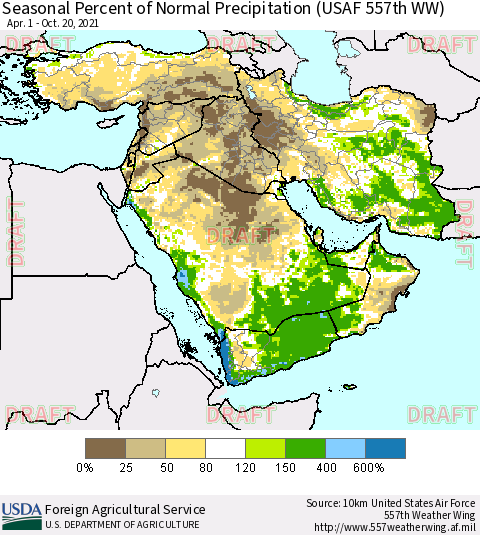 Middle East and Turkey Seasonal Percent of Normal Precipitation (USAF 557th WW) Thematic Map For 4/1/2021 - 10/20/2021