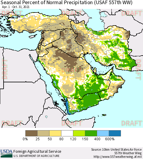 Middle East and Turkey Seasonal Percent of Normal Precipitation (USAF 557th WW) Thematic Map For 4/1/2021 - 10/31/2021