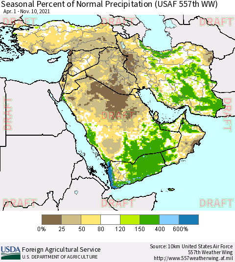 Middle East and Turkey Seasonal Percent of Normal Precipitation (USAF 557th WW) Thematic Map For 4/1/2021 - 11/10/2021