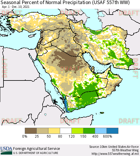 Middle East and Turkey Seasonal Percent of Normal Precipitation (USAF 557th WW) Thematic Map For 4/1/2021 - 12/10/2021