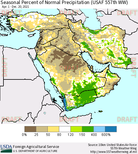Middle East and Turkey Seasonal Percent of Normal Precipitation (USAF 557th WW) Thematic Map For 4/1/2021 - 12/20/2021