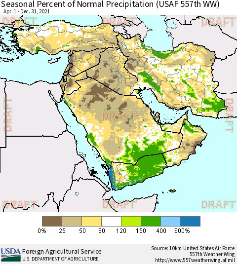 Middle East and Turkey Seasonal Percent of Normal Precipitation (USAF 557th WW) Thematic Map For 4/1/2021 - 12/31/2021