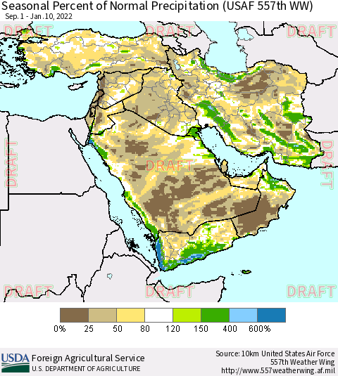 Middle East and Turkey Seasonal Percent of Normal Precipitation (USAF 557th WW) Thematic Map For 9/1/2021 - 1/10/2022