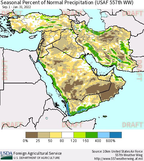 Middle East and Turkey Seasonal Percent of Normal Precipitation (USAF 557th WW) Thematic Map For 9/1/2021 - 1/31/2022