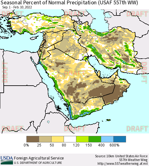 Middle East and Turkey Seasonal Percent of Normal Precipitation (USAF 557th WW) Thematic Map For 9/1/2021 - 2/10/2022