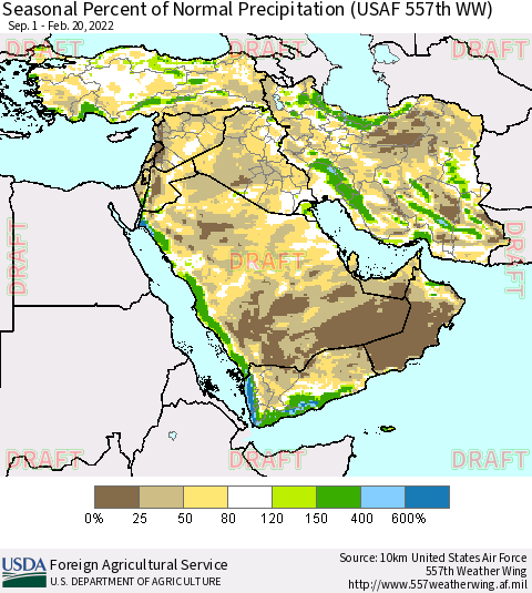 Middle East and Turkey Seasonal Percent of Normal Precipitation (USAF 557th WW) Thematic Map For 9/1/2021 - 2/20/2022
