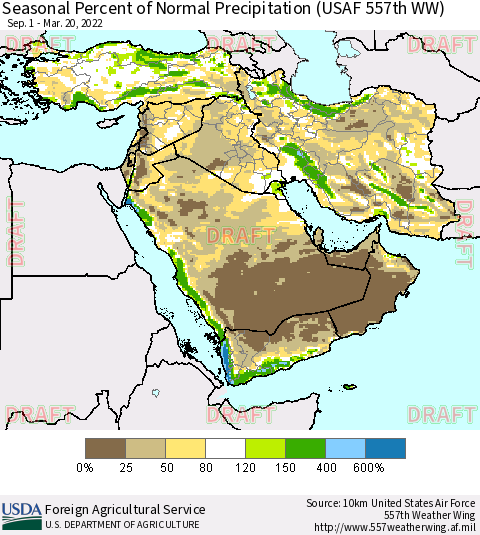 Middle East and Turkey Seasonal Percent of Normal Precipitation (USAF 557th WW) Thematic Map For 9/1/2021 - 3/20/2022