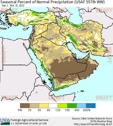 Middle East and Turkey Seasonal Percent of Normal Precipitation (USAF 557th WW) Thematic Map For 9/1/2021 - 3/31/2022