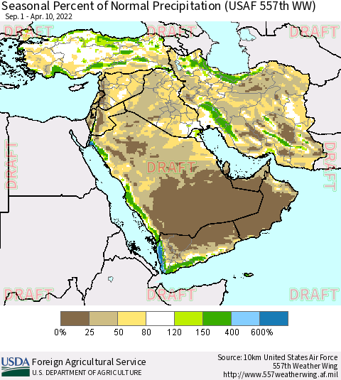 Middle East and Turkey Seasonal Percent of Normal Precipitation (USAF 557th WW) Thematic Map For 9/1/2021 - 4/10/2022
