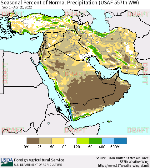 Middle East and Turkey Seasonal Percent of Normal Precipitation (USAF 557th WW) Thematic Map For 9/1/2021 - 4/20/2022