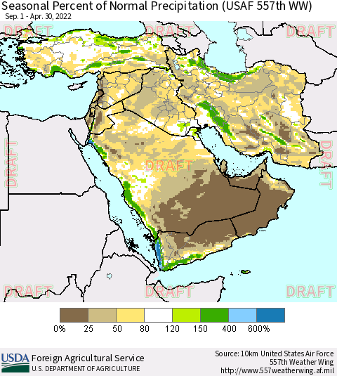 Middle East and Turkey Seasonal Percent of Normal Precipitation (USAF 557th WW) Thematic Map For 9/1/2021 - 4/30/2022