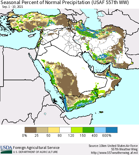 Middle East and Turkey Seasonal Percent of Normal Precipitation (USAF 557th WW) Thematic Map For 9/1/2021 - 9/10/2021