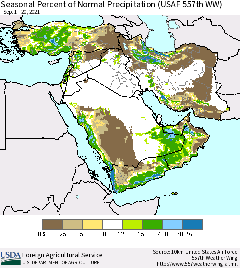 Middle East and Turkey Seasonal Percent of Normal Precipitation (USAF 557th WW) Thematic Map For 9/1/2021 - 9/20/2021