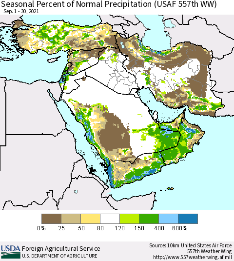 Middle East and Turkey Seasonal Percent of Normal Precipitation (USAF 557th WW) Thematic Map For 9/1/2021 - 9/30/2021