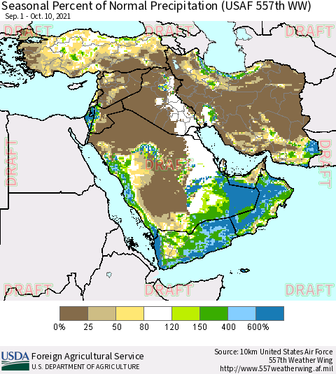 Middle East and Turkey Seasonal Percent of Normal Precipitation (USAF 557th WW) Thematic Map For 9/1/2021 - 10/10/2021