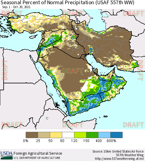 Middle East and Turkey Seasonal Percent of Normal Precipitation (USAF 557th WW) Thematic Map For 9/1/2021 - 10/20/2021