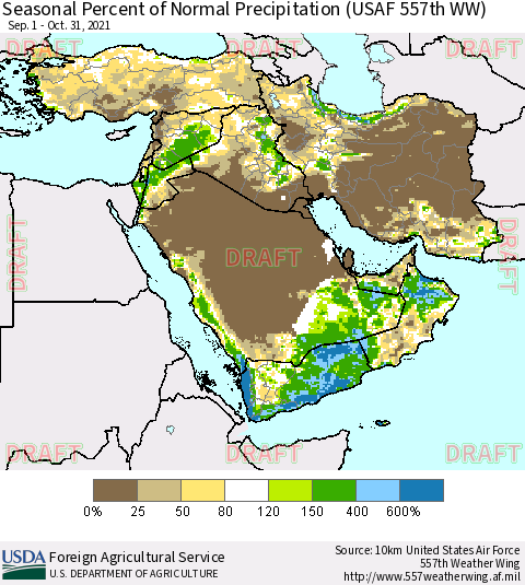 Middle East and Turkey Seasonal Percent of Normal Precipitation (USAF 557th WW) Thematic Map For 9/1/2021 - 10/31/2021