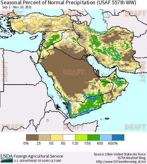 Middle East and Turkey Seasonal Percent of Normal Precipitation (USAF 557th WW) Thematic Map For 9/1/2021 - 11/10/2021