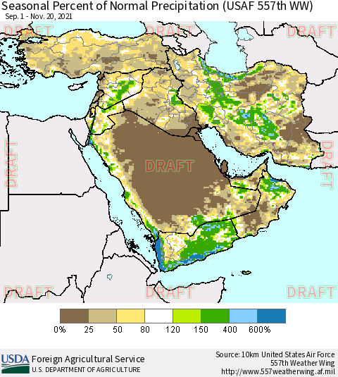 Middle East and Turkey Seasonal Percent of Normal Precipitation (USAF 557th WW) Thematic Map For 9/1/2021 - 11/20/2021