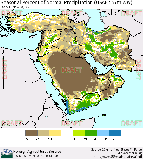 Middle East and Turkey Seasonal Percent of Normal Precipitation (USAF 557th WW) Thematic Map For 9/1/2021 - 11/30/2021