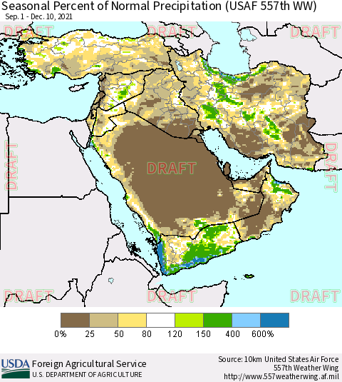 Middle East and Turkey Seasonal Percent of Normal Precipitation (USAF 557th WW) Thematic Map For 9/1/2021 - 12/10/2021