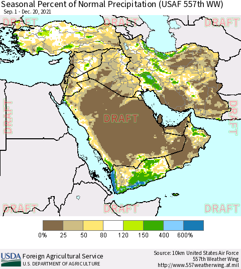 Middle East and Turkey Seasonal Percent of Normal Precipitation (USAF 557th WW) Thematic Map For 9/1/2021 - 12/20/2021
