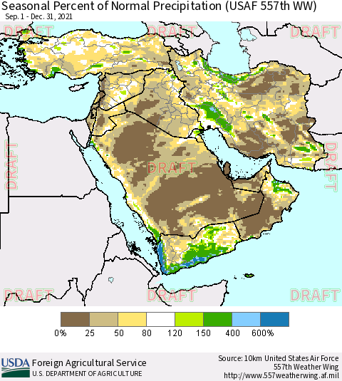 Middle East and Turkey Seasonal Percent of Normal Precipitation (USAF 557th WW) Thematic Map For 9/1/2021 - 12/31/2021