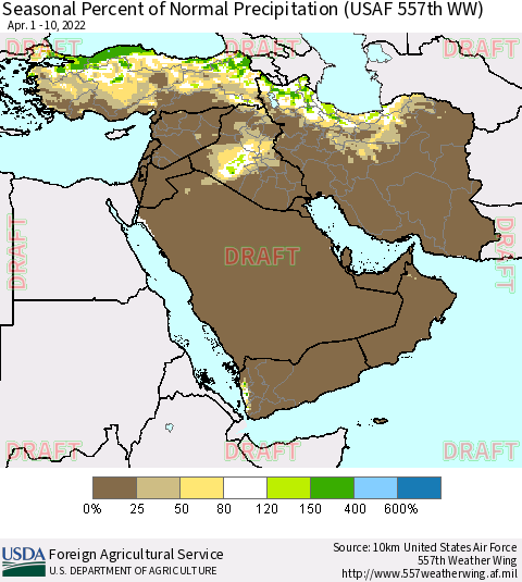 Middle East and Turkey Seasonal Percent of Normal Precipitation (USAF 557th WW) Thematic Map For 4/1/2022 - 4/10/2022