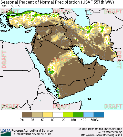 Middle East and Turkey Seasonal Percent of Normal Precipitation (USAF 557th WW) Thematic Map For 4/1/2022 - 4/20/2022