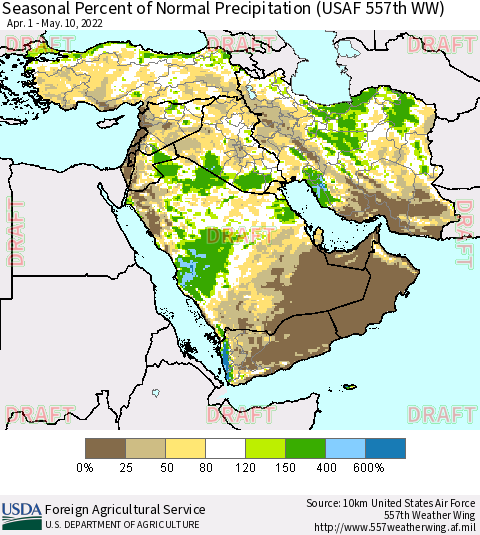 Middle East and Turkey Seasonal Percent of Normal Precipitation (USAF 557th WW) Thematic Map For 4/1/2022 - 5/10/2022