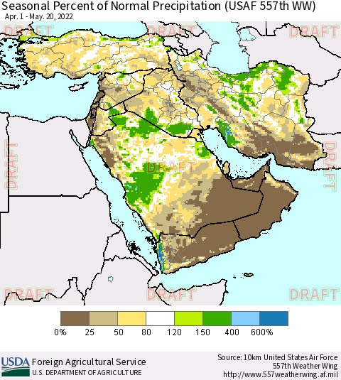 Middle East and Turkey Seasonal Percent of Normal Precipitation (USAF 557th WW) Thematic Map For 4/1/2022 - 5/20/2022