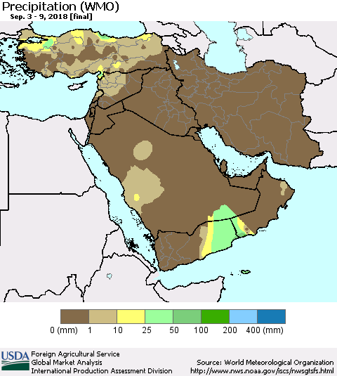 Middle East and Turkey Precipitation (WMO) Thematic Map For 9/3/2018 - 9/9/2018