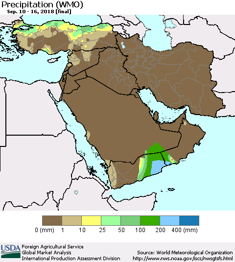 Middle East and Turkey Precipitation (WMO) Thematic Map For 9/10/2018 - 9/16/2018