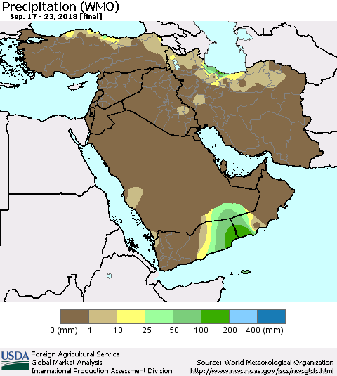 Middle East and Turkey Precipitation (WMO) Thematic Map For 9/17/2018 - 9/23/2018