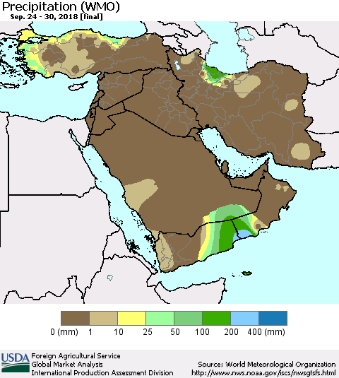 Middle East and Turkey Precipitation (WMO) Thematic Map For 9/24/2018 - 9/30/2018