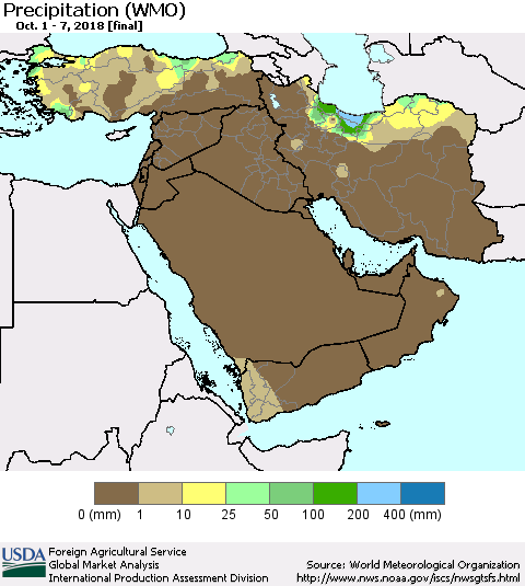 Middle East and Turkey Precipitation (WMO) Thematic Map For 10/1/2018 - 10/7/2018