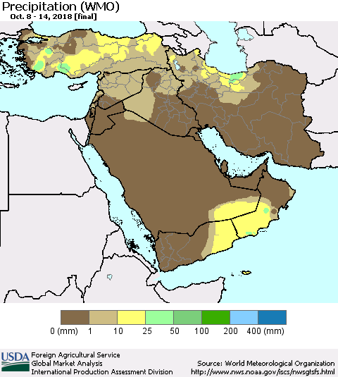 Middle East and Turkey Precipitation (WMO) Thematic Map For 10/8/2018 - 10/14/2018