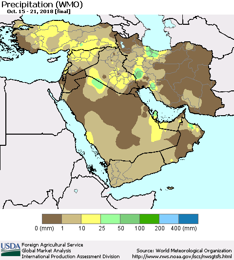 Middle East and Turkey Precipitation (WMO) Thematic Map For 10/15/2018 - 10/21/2018