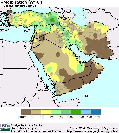 Middle East and Turkey Precipitation (WMO) Thematic Map For 10/22/2018 - 10/28/2018
