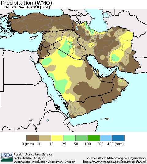 Middle East and Turkey Precipitation (WMO) Thematic Map For 10/29/2018 - 11/4/2018
