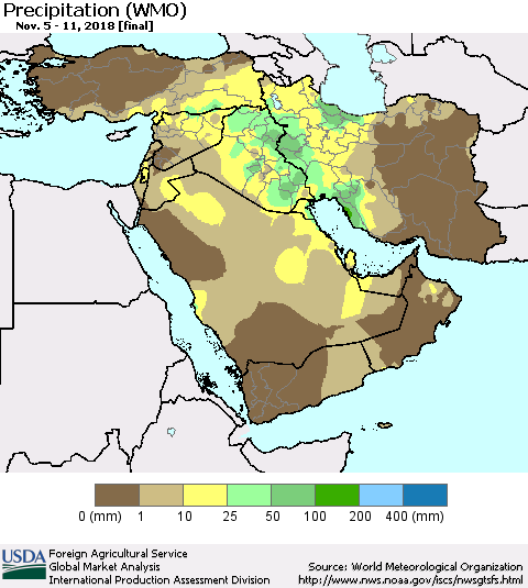 Middle East and Turkey Precipitation (WMO) Thematic Map For 11/5/2018 - 11/11/2018