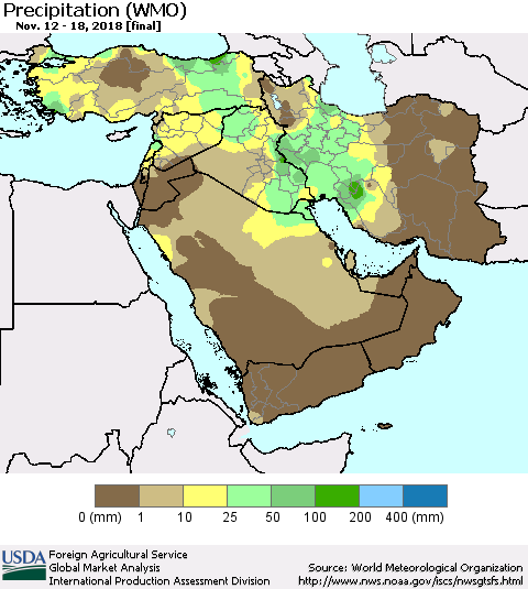 Middle East and Turkey Precipitation (WMO) Thematic Map For 11/12/2018 - 11/18/2018