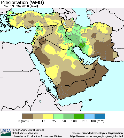 Middle East and Turkey Precipitation (WMO) Thematic Map For 11/19/2018 - 11/25/2018