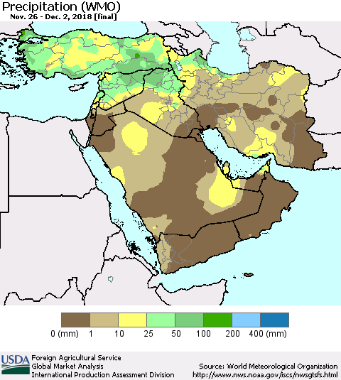 Middle East and Turkey Precipitation (WMO) Thematic Map For 11/26/2018 - 12/2/2018