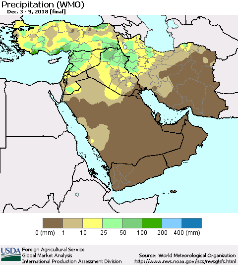 Middle East and Turkey Precipitation (WMO) Thematic Map For 12/3/2018 - 12/9/2018