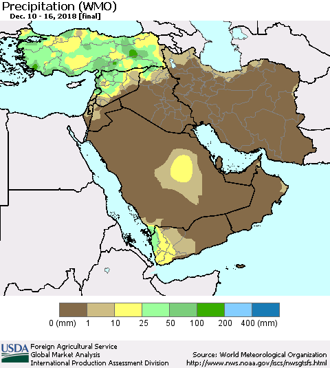 Middle East and Turkey Precipitation (WMO) Thematic Map For 12/10/2018 - 12/16/2018